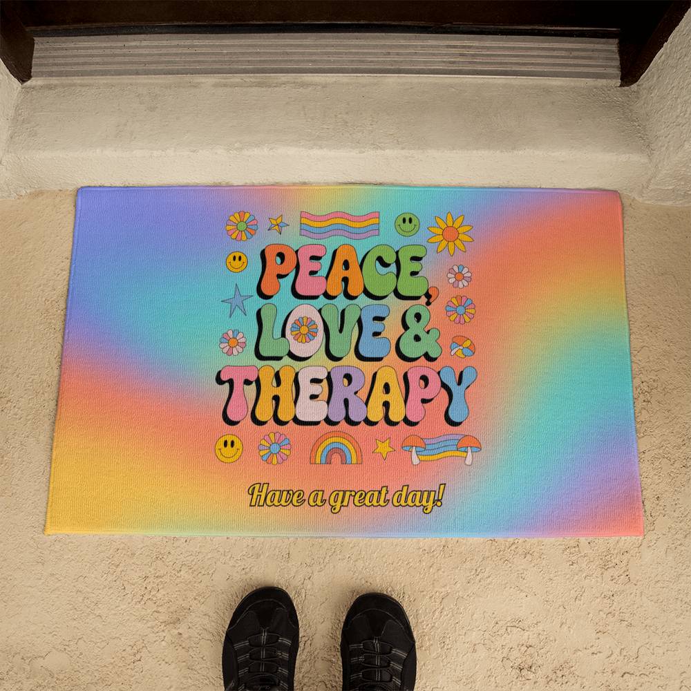 Peace, Love & Therapy welcome mat - custom retro home decor for emotional support spaces