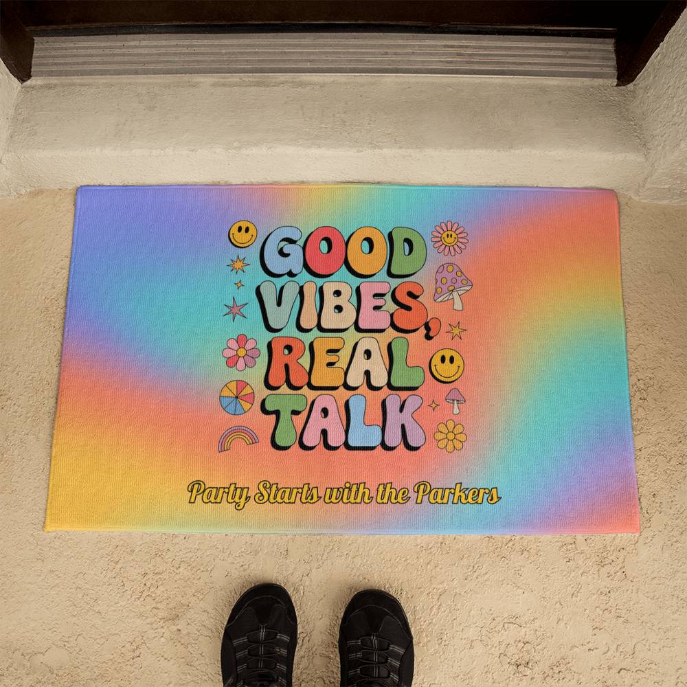 Retro welcome mat with "Good Vibes, Real Talk" saying - personalized mental health home decor