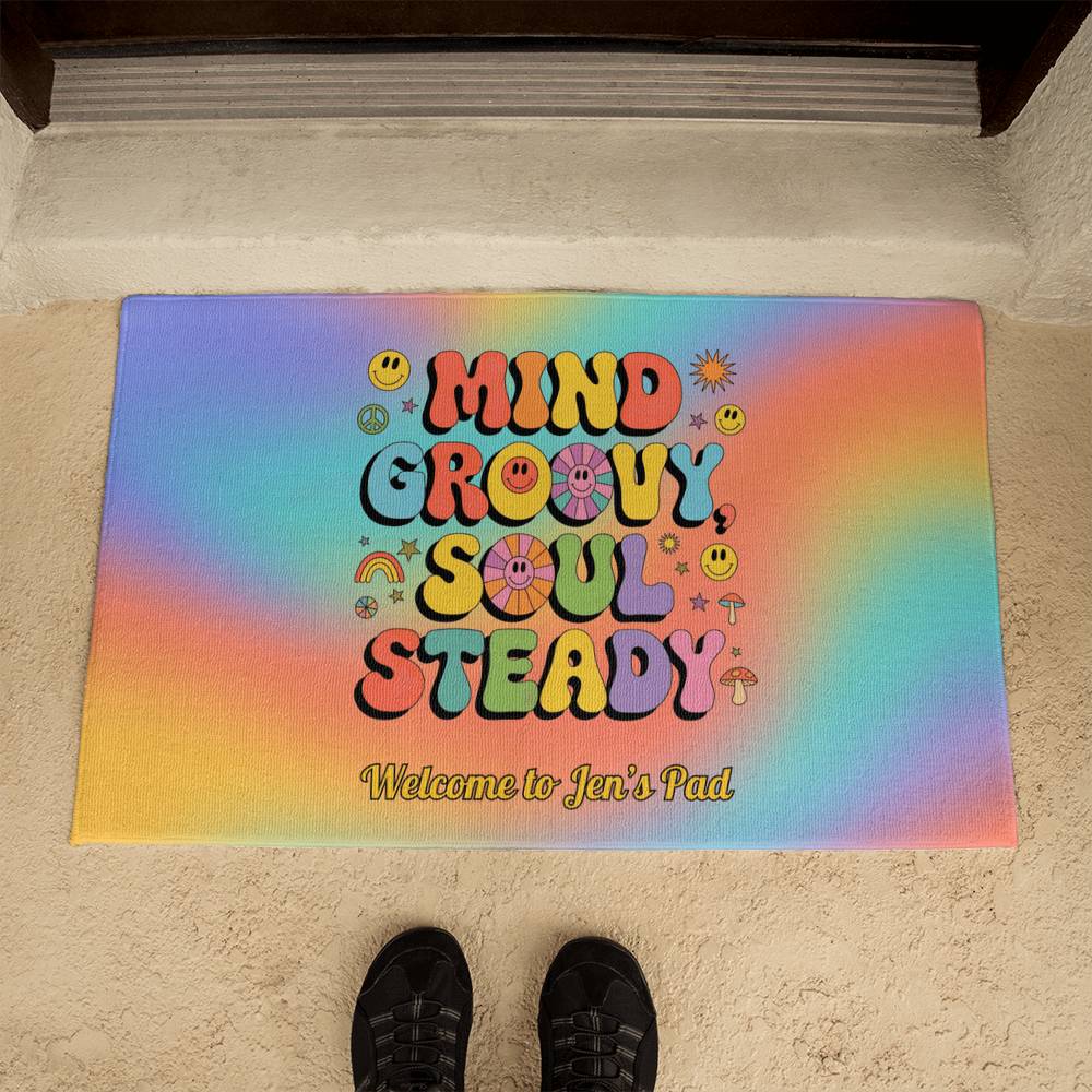 Mind Groovy, Soul Steady welcome mat - 70s retro mental health rug for home or office