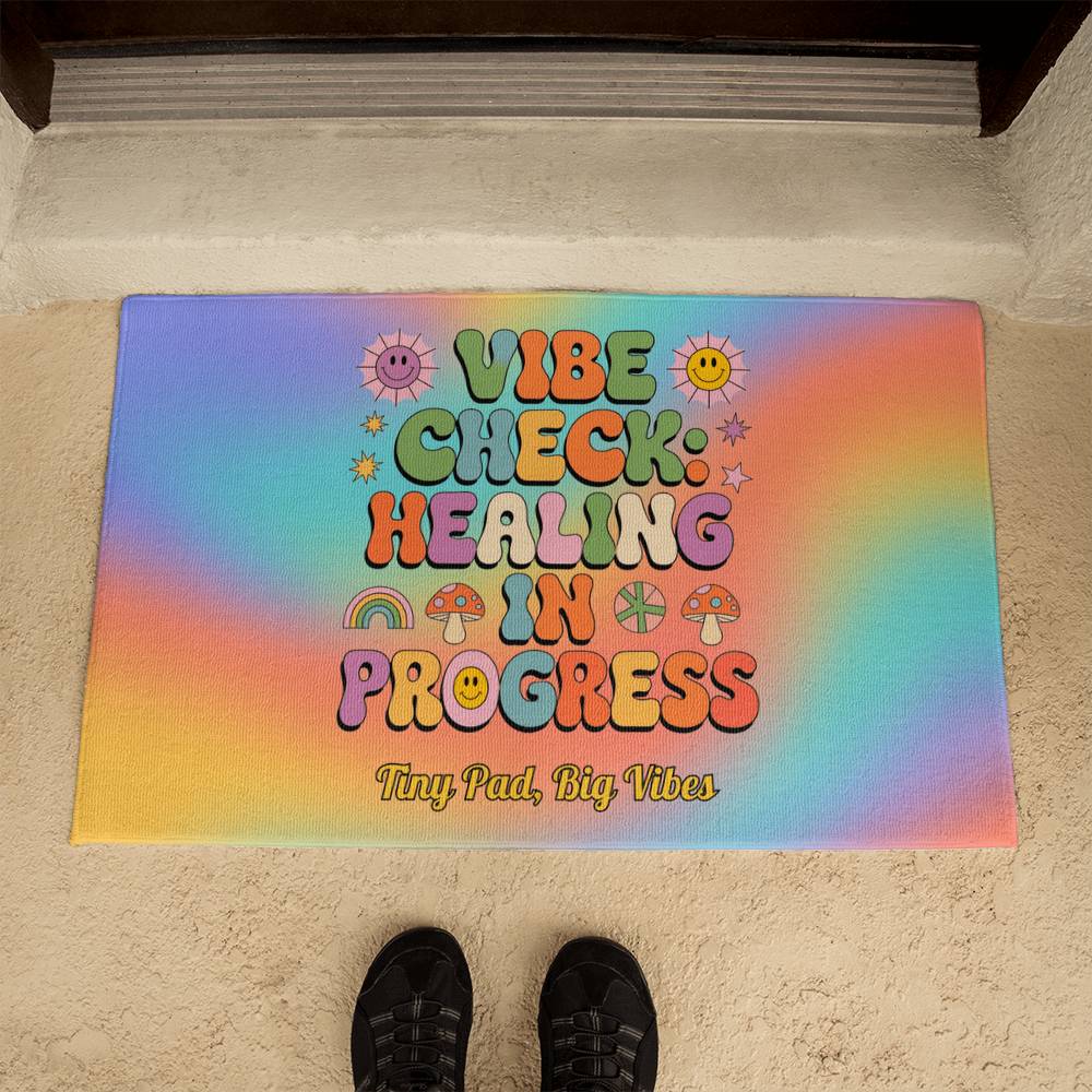 Vibe Check: Healing in Progress welcome mat - custom groovy home decor for self-care and healing