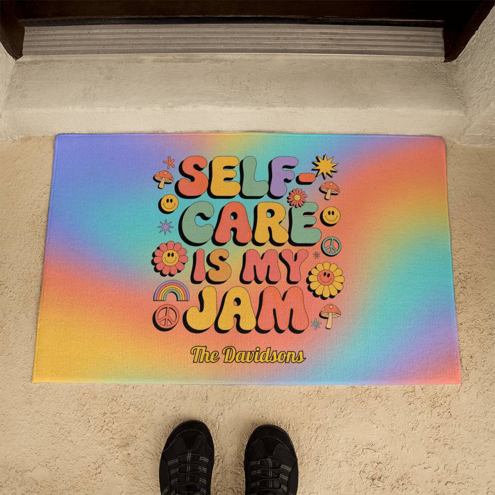 Self-Care Is My Jam welcome mat - retro mental wellness rug for cozy entryways or therapy offices