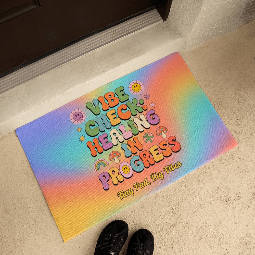 Vibe Check: Healing in Progress welcome mat - custom groovy home decor for self-care and healing