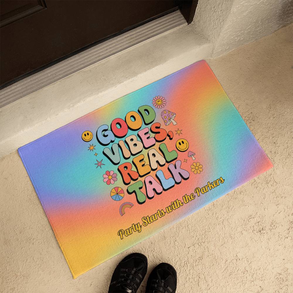 Retro welcome mat with "Good Vibes, Real Talk" saying - personalized mental health home decor