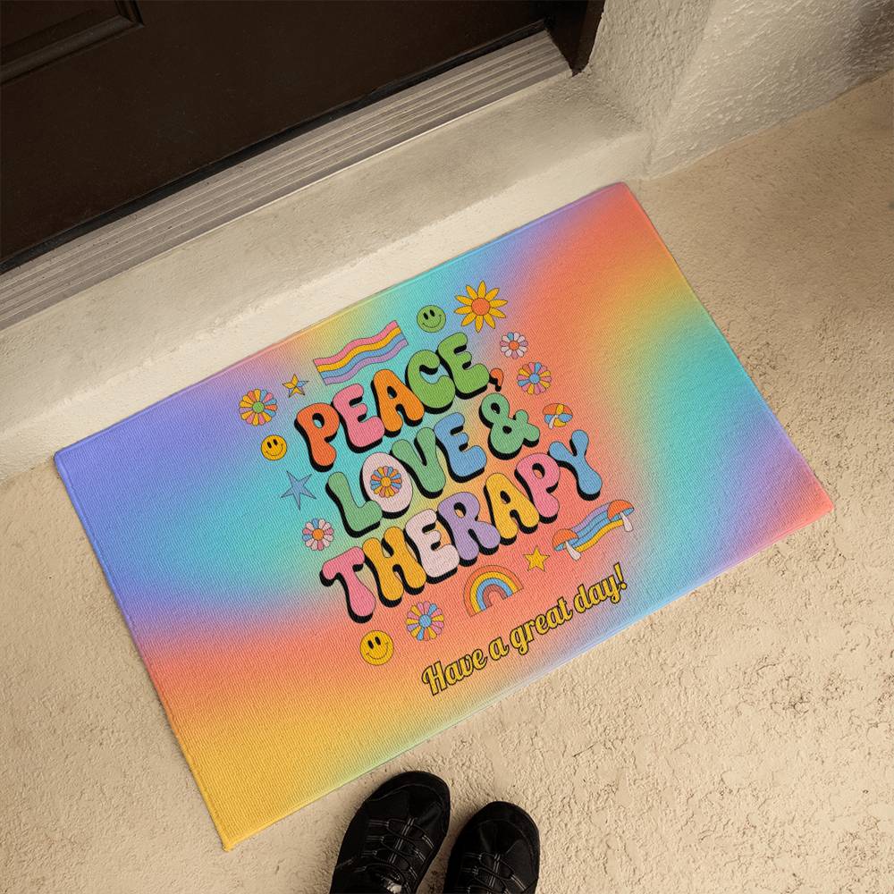 Peace, Love & Therapy welcome mat - custom retro home decor for emotional support spaces