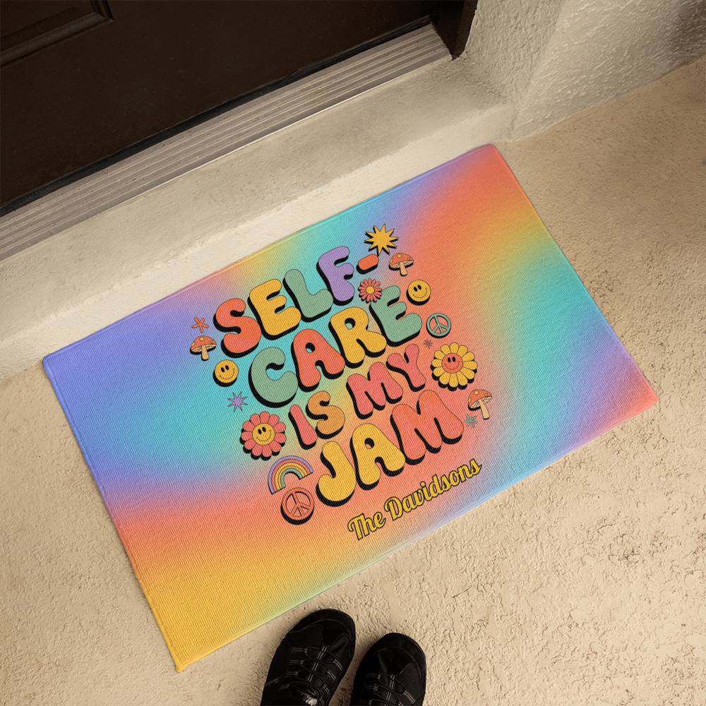 Self-Care Is My Jam welcome mat - retro mental wellness rug for cozy entryways or therapy offices