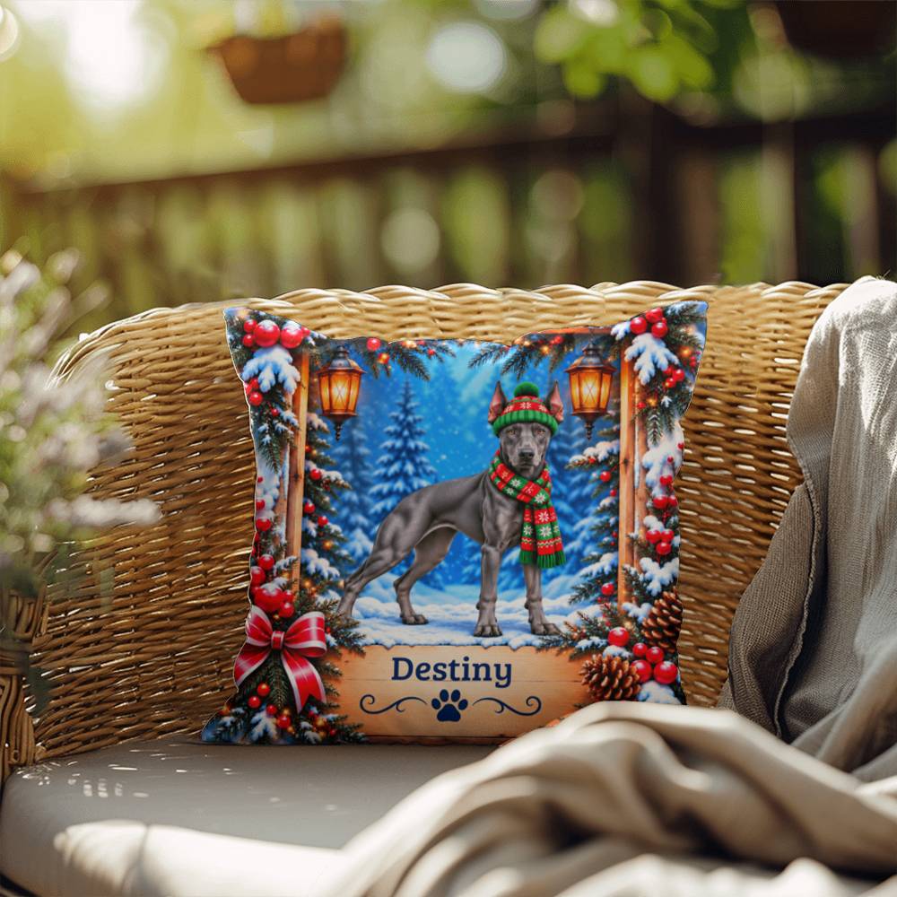 Doberman (Blue Coat) - Personalized Woodland Throw Pillow, Winter Gift for Dobie Owners
