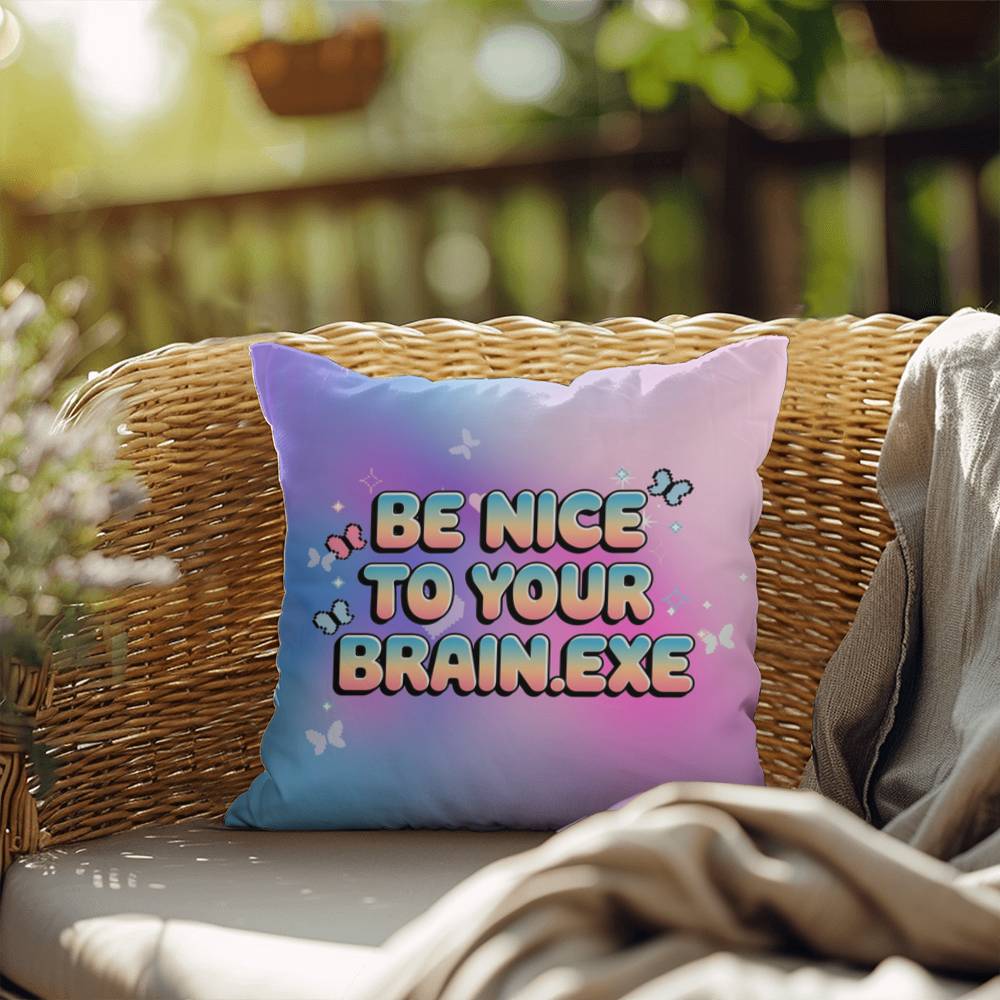 Personalized Y2K affirmation pillow with Be Nice to Your Brain.exe in retro font, accented with sparkles and pastel icons