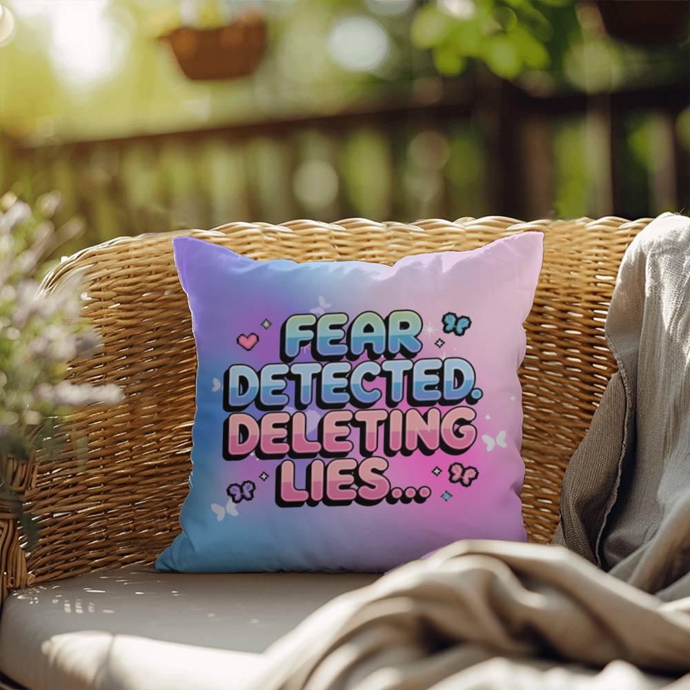 Mental health pillow with Fear Detected. Deleting Lies… in Y2K chrome text, personalized for unique therapy or dorm decor