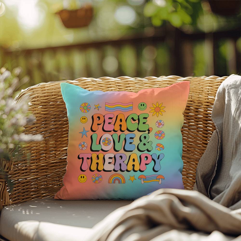 Custom 70s pillow with “Peace, Love & Therapy” in warm vintage colors, great for therapy rooms and healing conversations