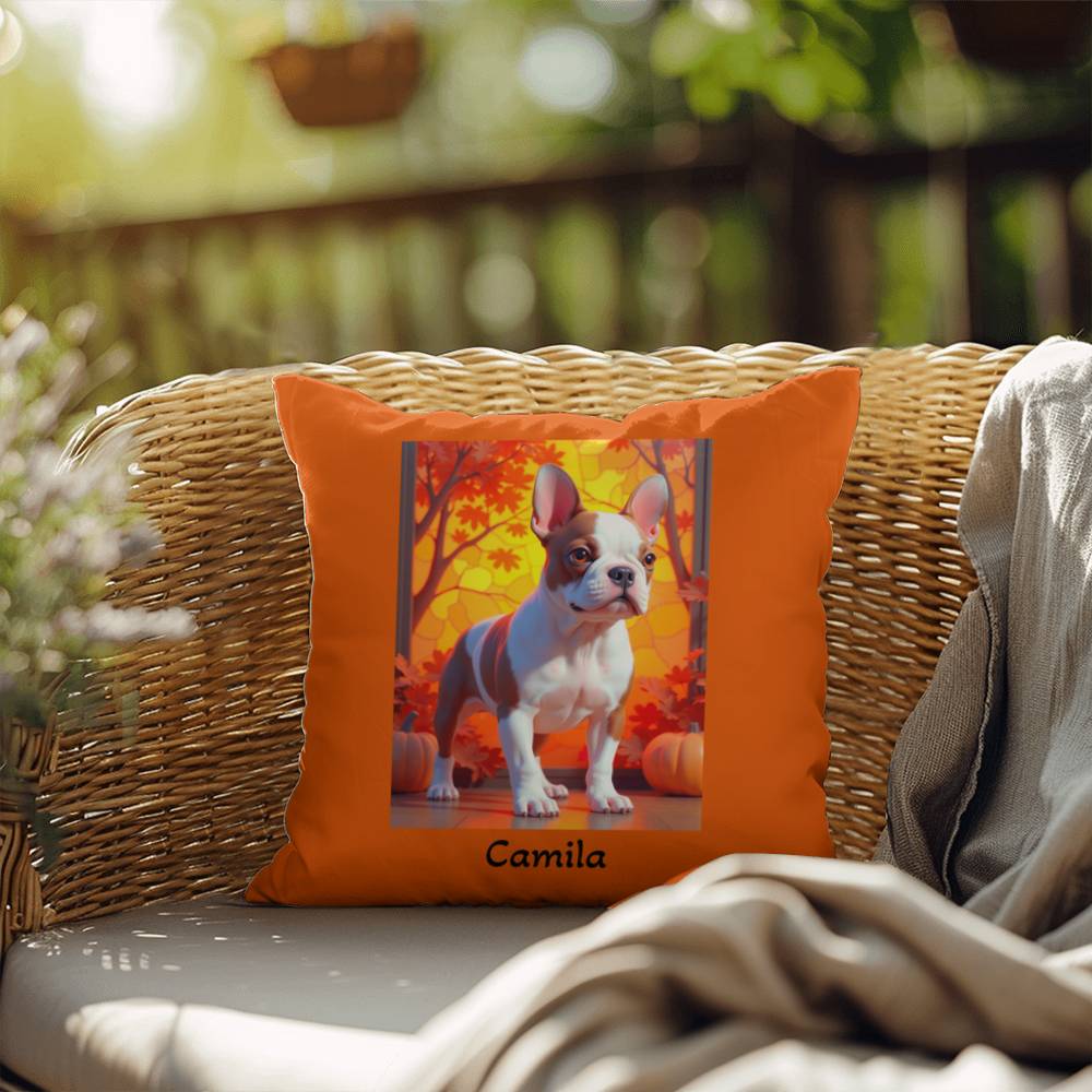 Red Pied French Bulldog pillow, personalized indoor outdoor dog cushion, custom Frenchie decor - MySisterIsASurvivor