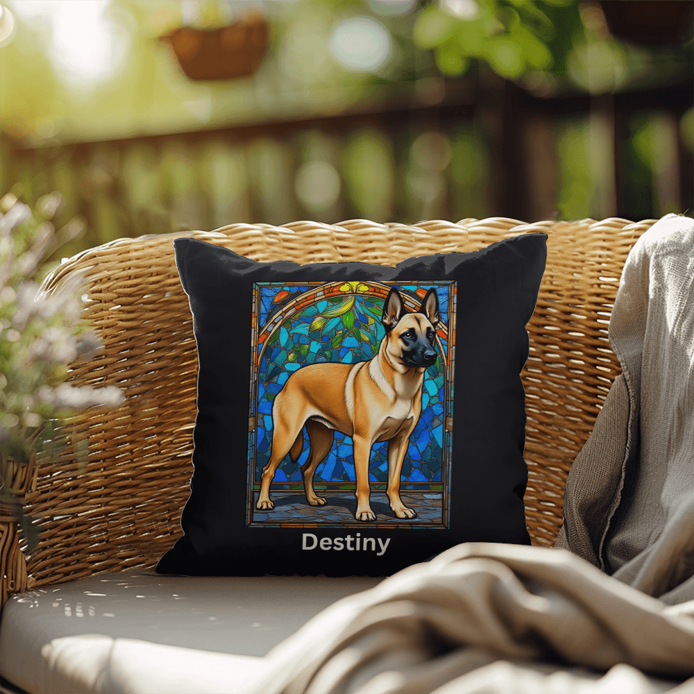 Cream Sable Belgian Malinois Pillow, personalized name stained glass art for cozy home décor