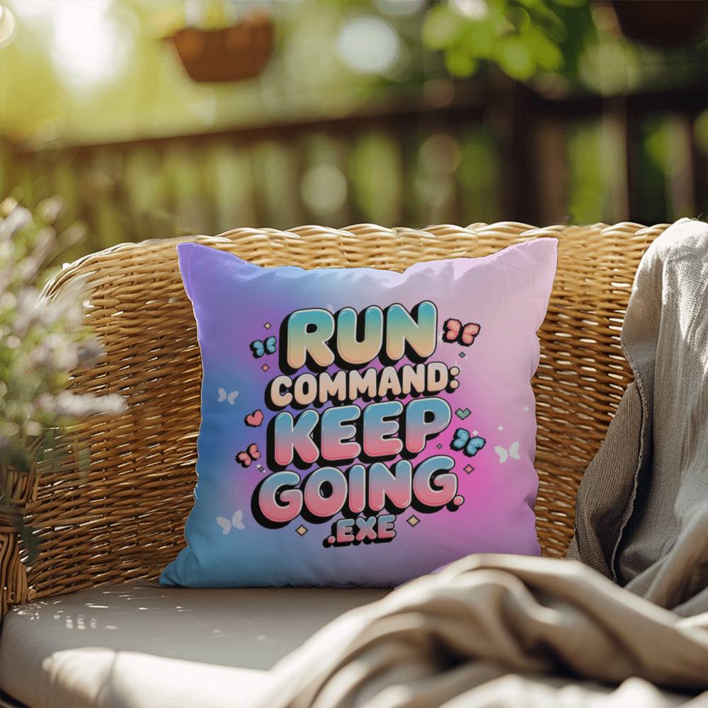 Personalized digital-themed pillow reading "Run Command: Keep Going.exe" in vibrant Y2K design, perfect for motivation and mental strength