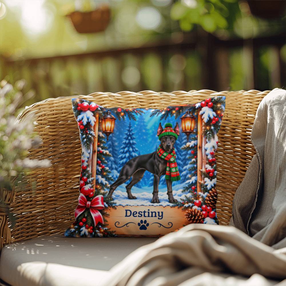 Doberman (Black Coat) - Personalized Snowy Forest Throw Pillow for Doberman Lovers