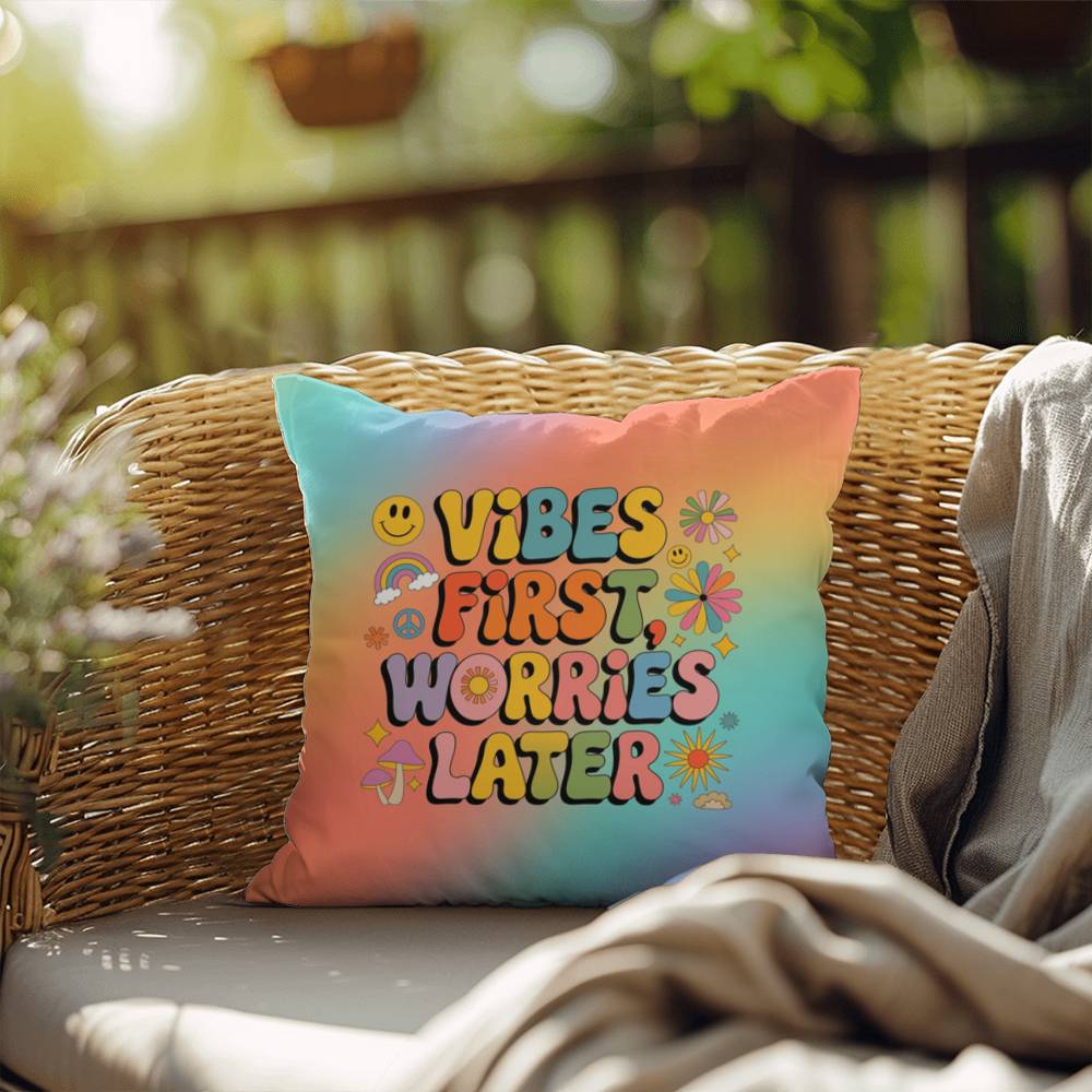 Groovy personalizable pillow with “Vibes First, Worries Later” in upbeat lettering and rainbow tones for peaceful home accents