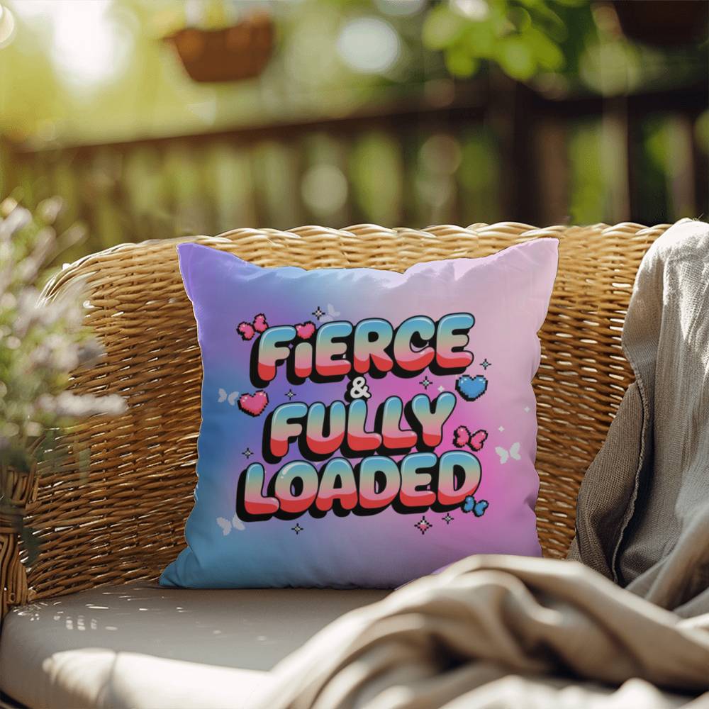 Fierce & Fully Loaded Y2K throw pillow with custom name in bold, futuristic chrome text for empowered self-care vibes
