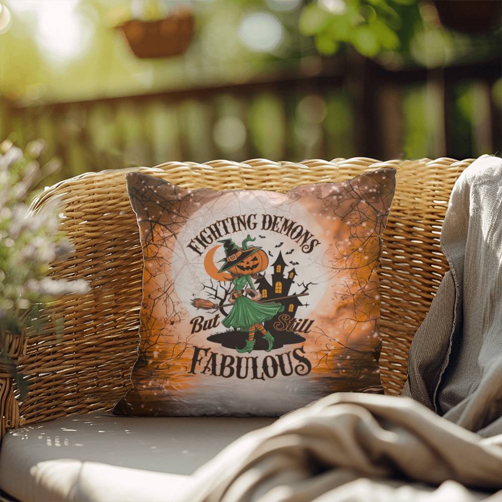 Halloween-themed indoor/outdoor throw pillow featuring “Fighting Demons” motivational message