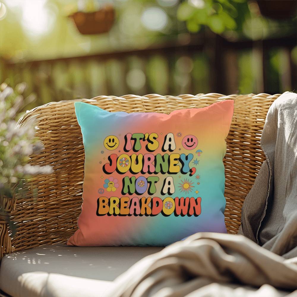 Retro-style pillow with “It’s a Journey, Not a Breakdown” text, customizable with a name, ideal for emotional support and daily reminders