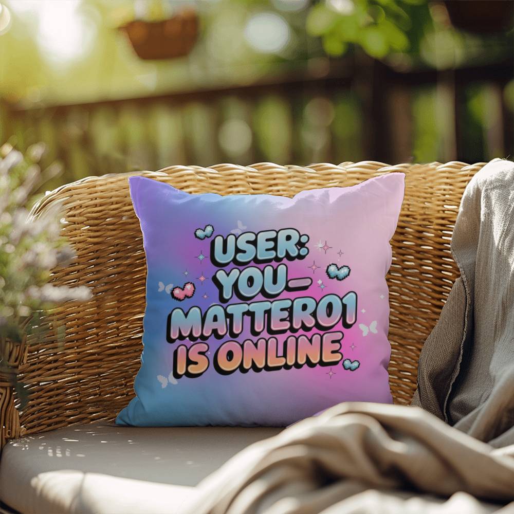 Retro tech pillow reading "User: You_Matter01 is Online" with a customizable username and vibrant Gen Z color scheme