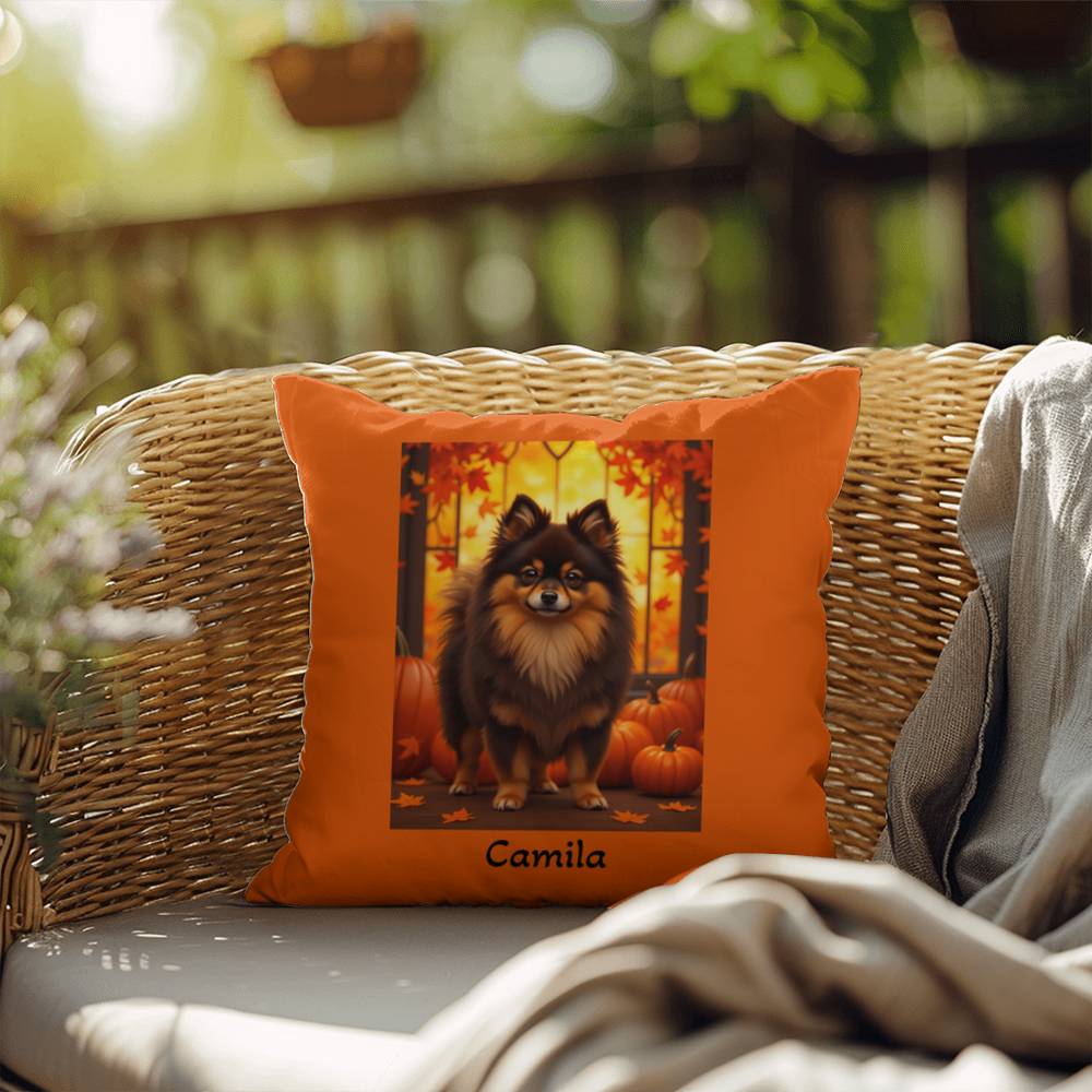 Chocolate and Tan Pomeranian indoor outdoor pillow, personalized dog cushion, pet decor gift