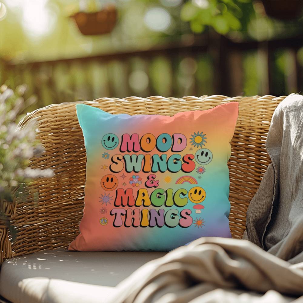 Custom affirmation pillow with “Mood Swings & Magic Things” in playful font and bright retro tones for whimsical emotional support