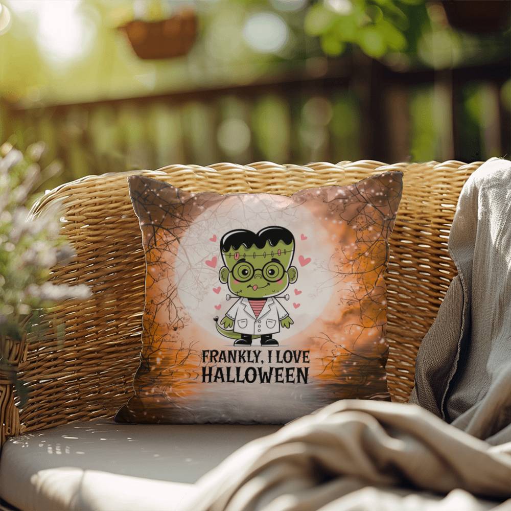 Frankenstein-inspired indoor/outdoor Halloween pillow with “Frankly I Love Halloween”