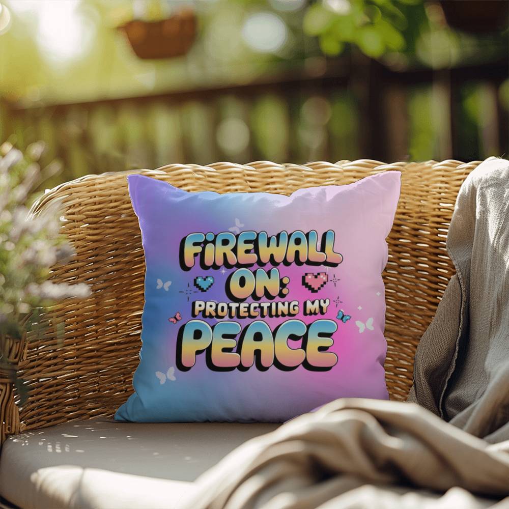 Firewall On: Protecting My Peace affirmation pillow with custom name, decorated with pastel digital elements for a Y2K aesthetic