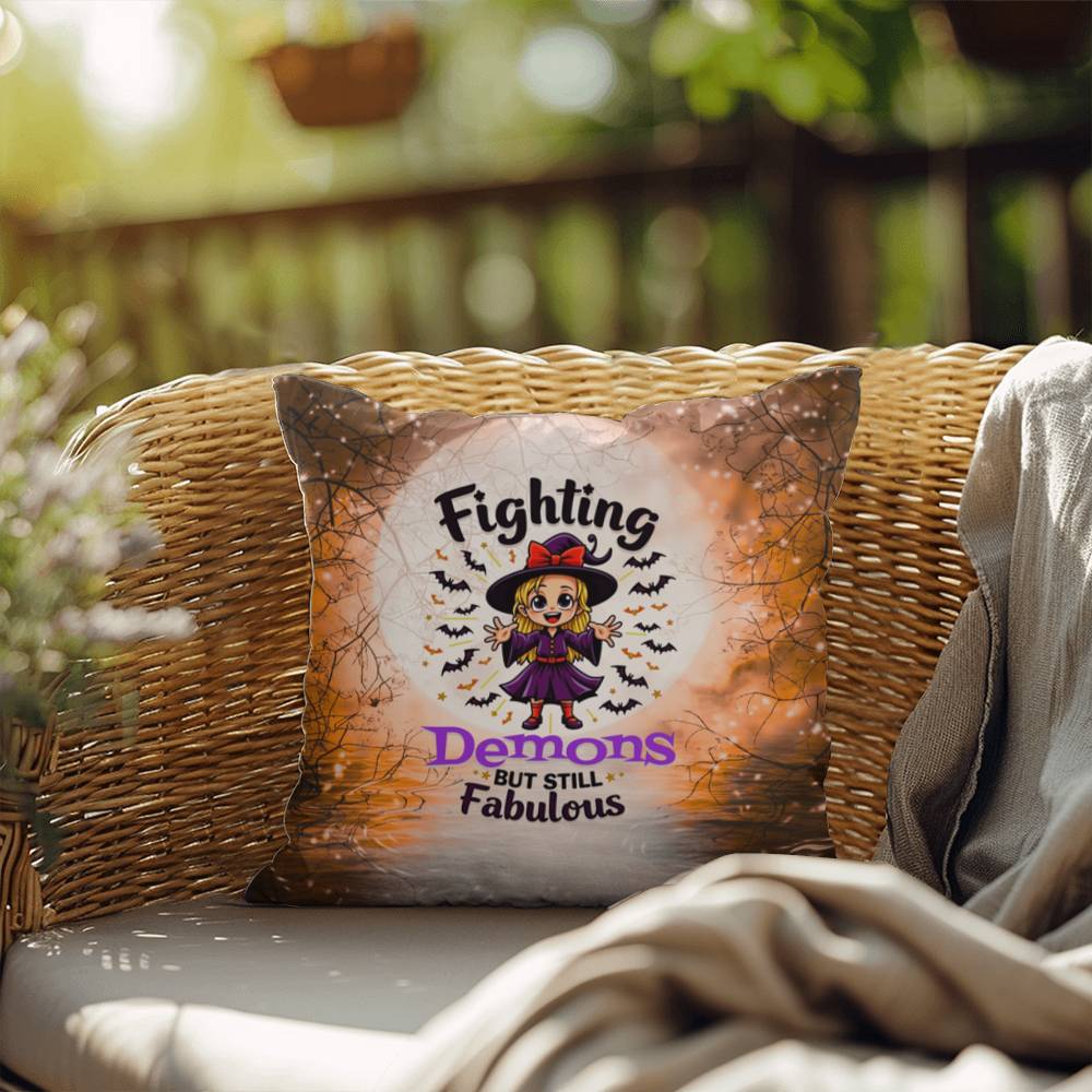 Halloween indoor/outdoor pillow with “Fighting Demons but still” for mental health and resilience