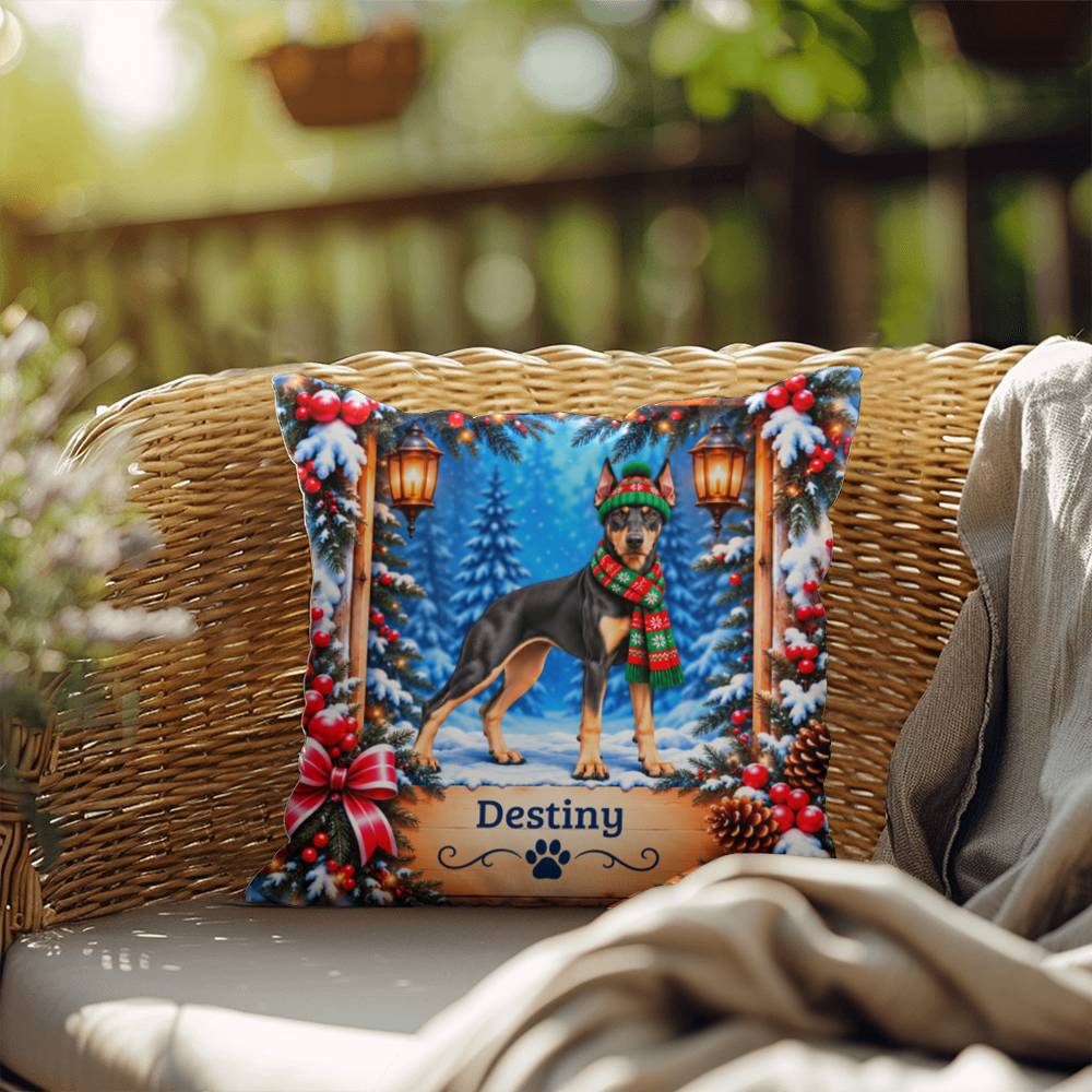 Doberman (Black & Tan Coat) - Personalized Gift Pillow for Dog Parents, Snowy Winter Decor