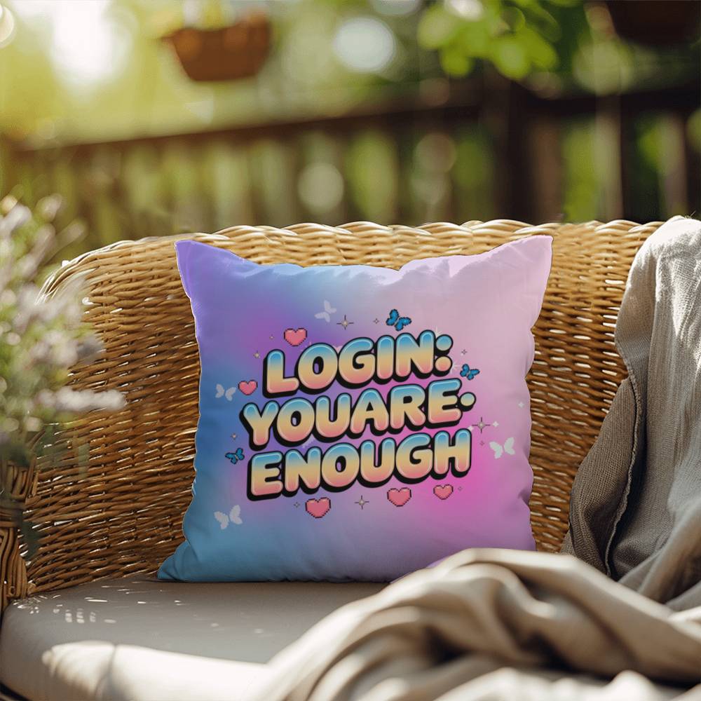 Login: YouAreEnough custom pillow in retro-tech style font, perfect for mental health awareness and affirmation decor