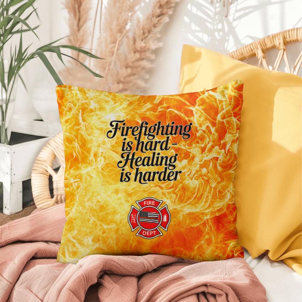 A pillow for first responders, acknowledging the difficulty of firefighting and the essential need for mental health support and healing.