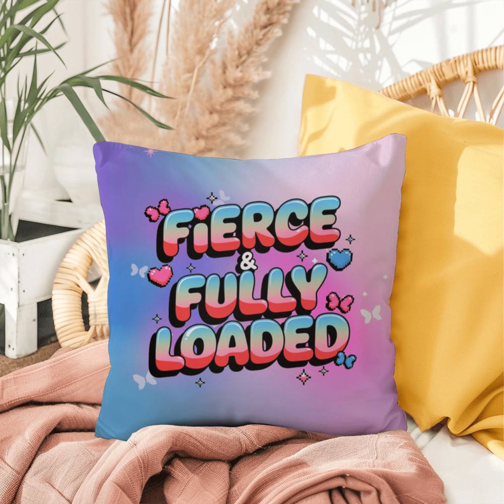 Fierce & Fully Loaded Y2K throw pillow with custom name in bold, futuristic chrome text for empowered self-care vibes