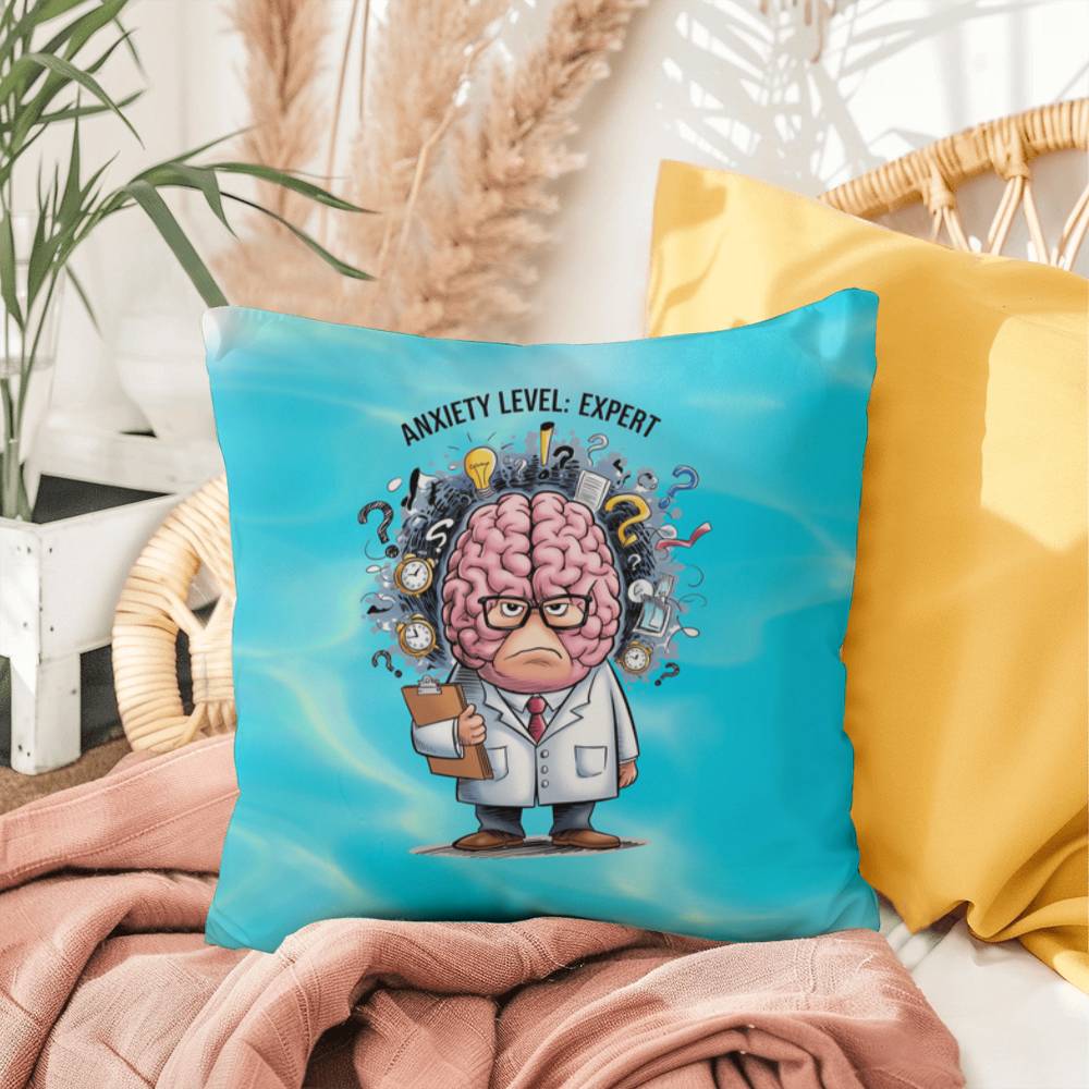 Personalized "Anxiety Level: Expert" indoor/outdoor pillow, mental health decor cushion for self-care and anxiety relief.