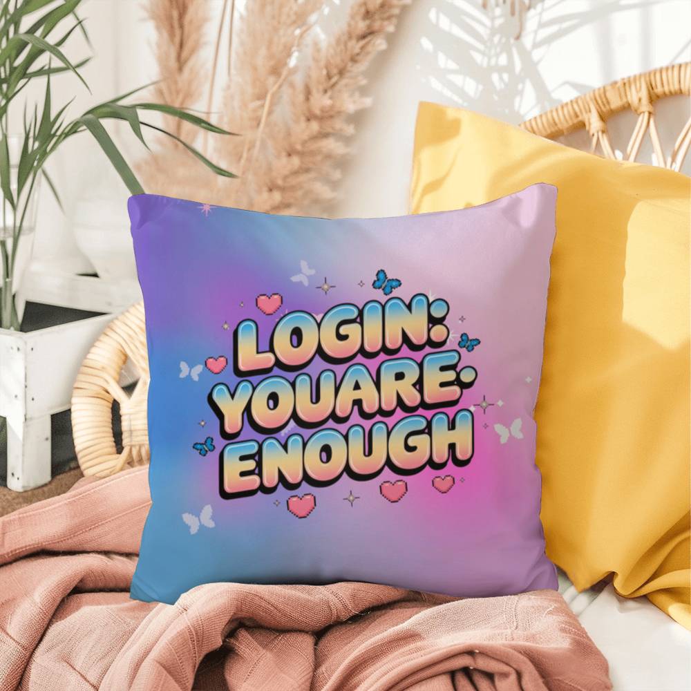 Login: YouAreEnough custom pillow in retro-tech style font, perfect for mental health awareness and affirmation decor