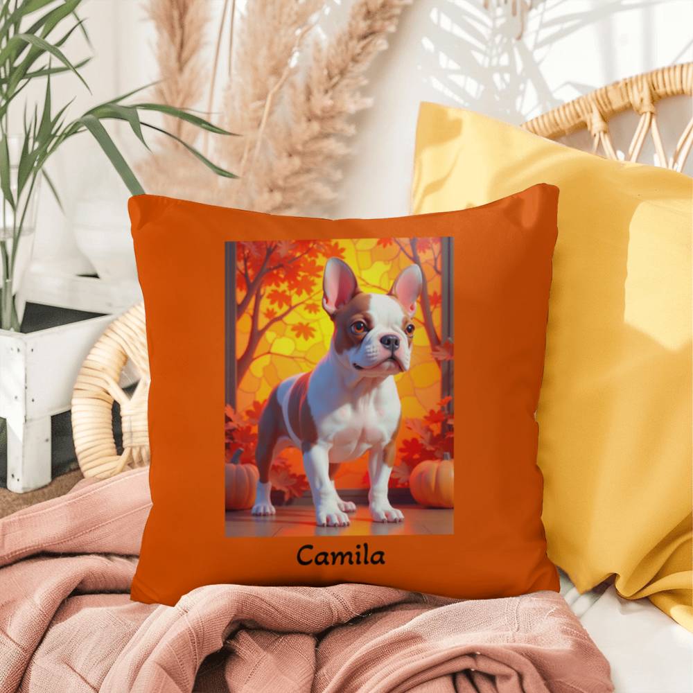 Red Pied French Bulldog pillow, personalized indoor outdoor dog cushion, custom Frenchie decor - MySisterIsASurvivor