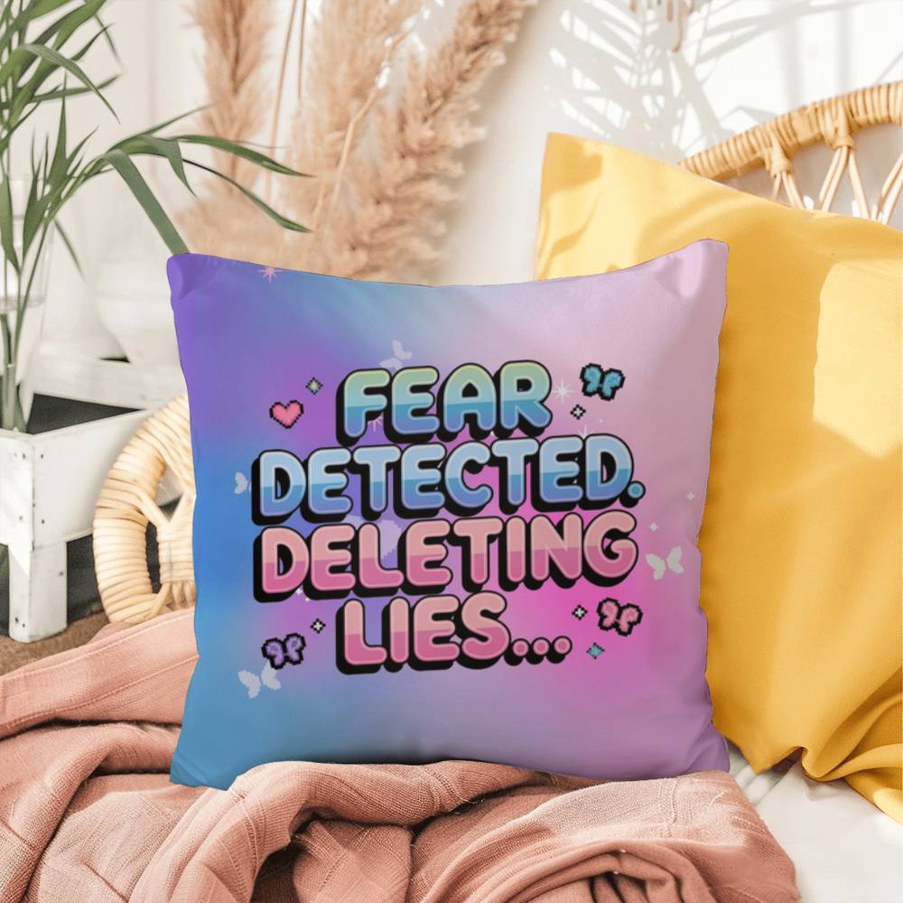 Mental health pillow with Fear Detected. Deleting Lies… in Y2K chrome text, personalized for unique therapy or dorm decor