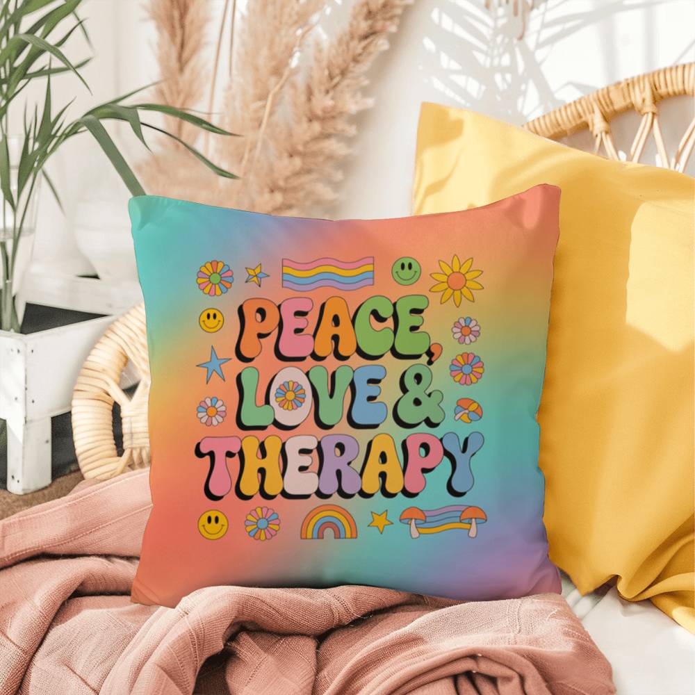 Custom 70s pillow with “Peace, Love & Therapy” in warm vintage colors, great for therapy rooms and healing conversations
