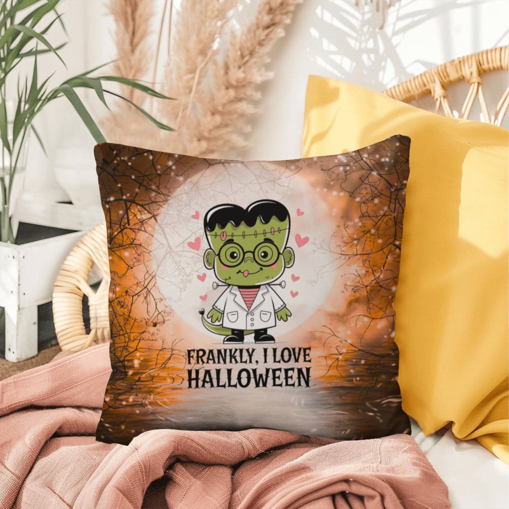 Frankenstein-inspired indoor/outdoor Halloween pillow with “Frankly I Love Halloween”