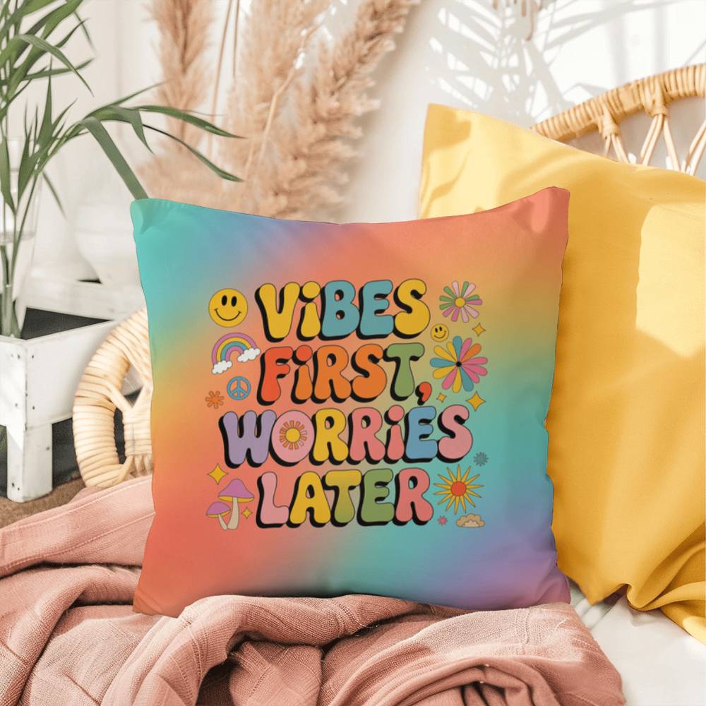 Groovy personalizable pillow with “Vibes First, Worries Later” in upbeat lettering and rainbow tones for peaceful home accents
