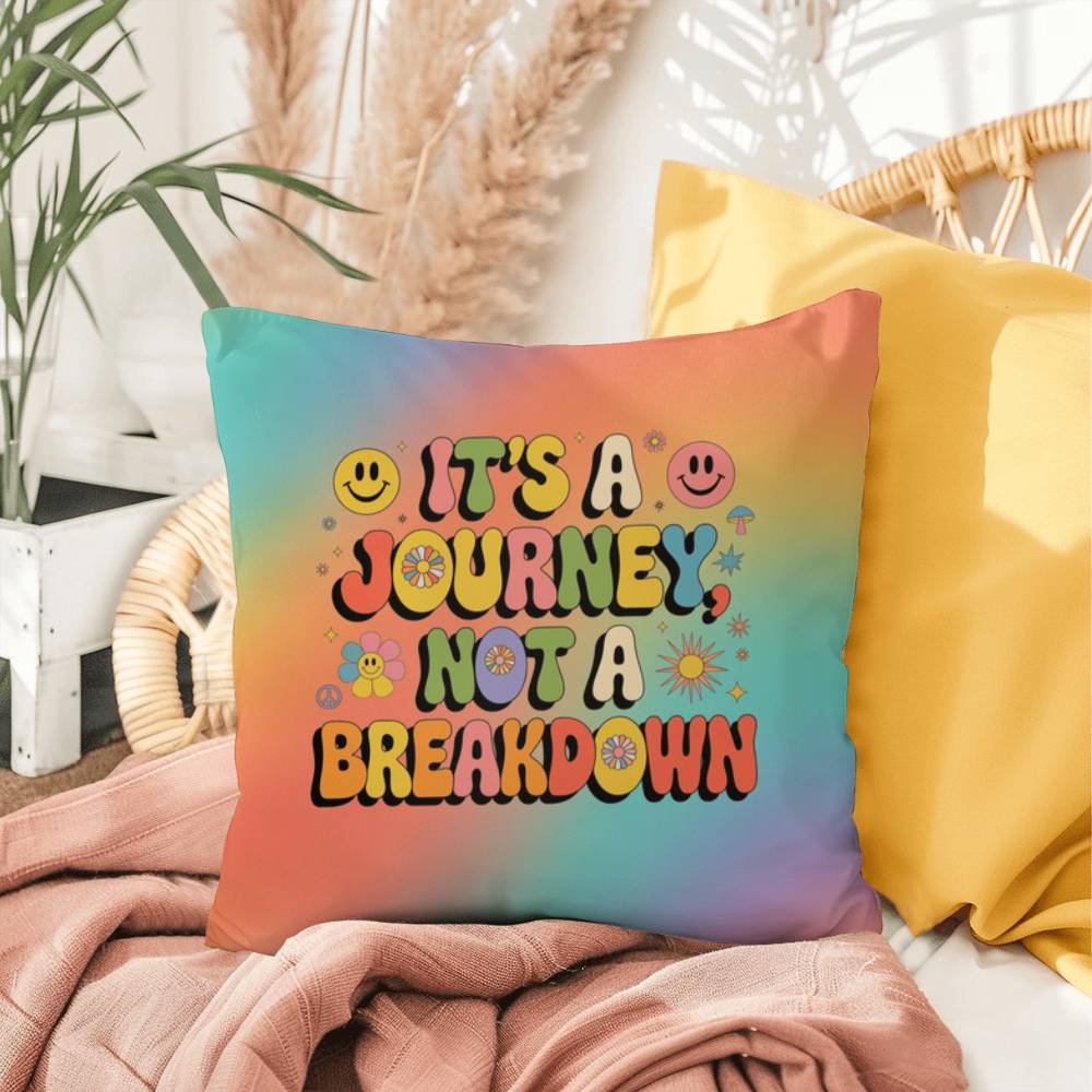 Retro-style pillow with “It’s a Journey, Not a Breakdown” text, customizable with a name, ideal for emotional support and daily reminders