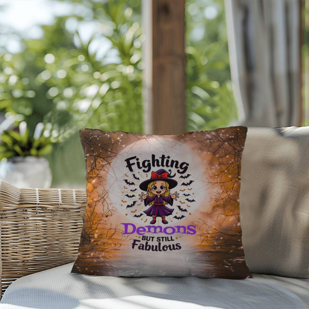 Halloween indoor/outdoor pillow with “Fighting Demons but still” for mental health and resilience