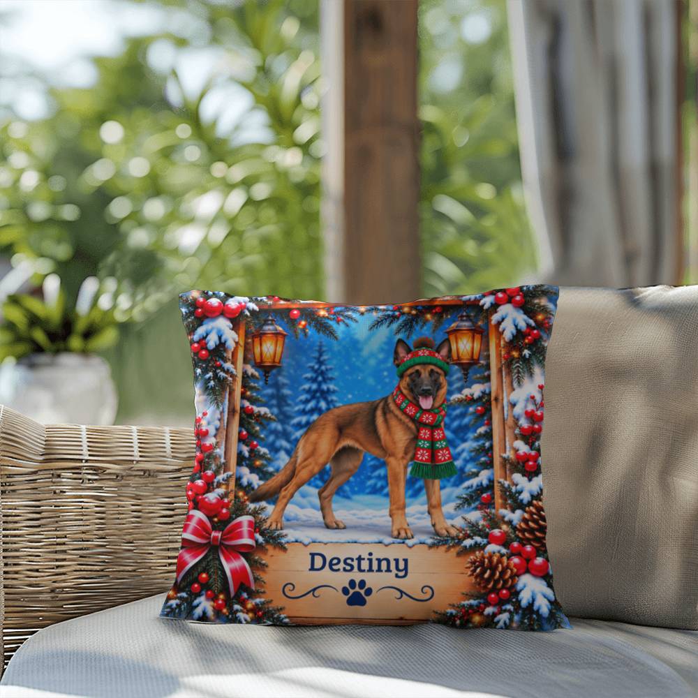 Belgian Malinois (Red Sable Coat) - Personalized Snowy Forest Pillow, Custom Dog Name Winter Gift