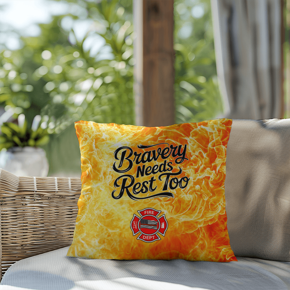 Custom pillow reminding first responders that bravery includes self-care and rest. Perfect for cozy spaces and mental health awareness.