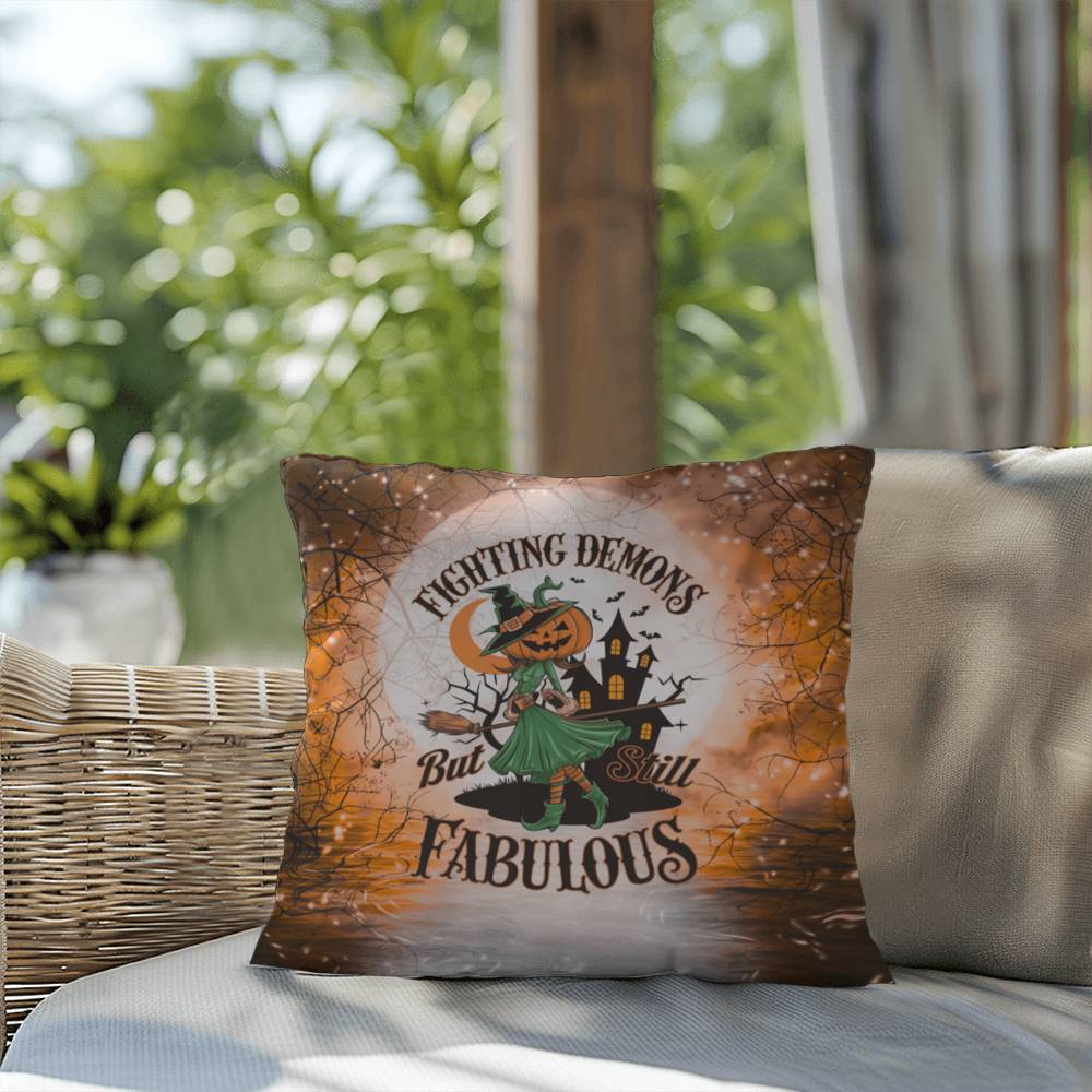 Halloween-themed indoor/outdoor throw pillow featuring “Fighting Demons” motivational message