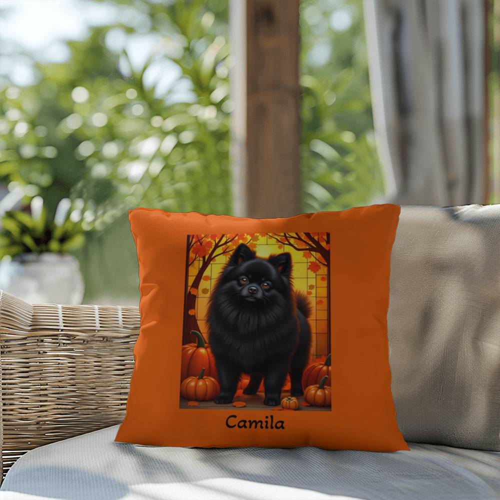 Black Pomeranian indoor outdoor pillow, custom dog cushion, cozy pet accent gift for dog lovers
