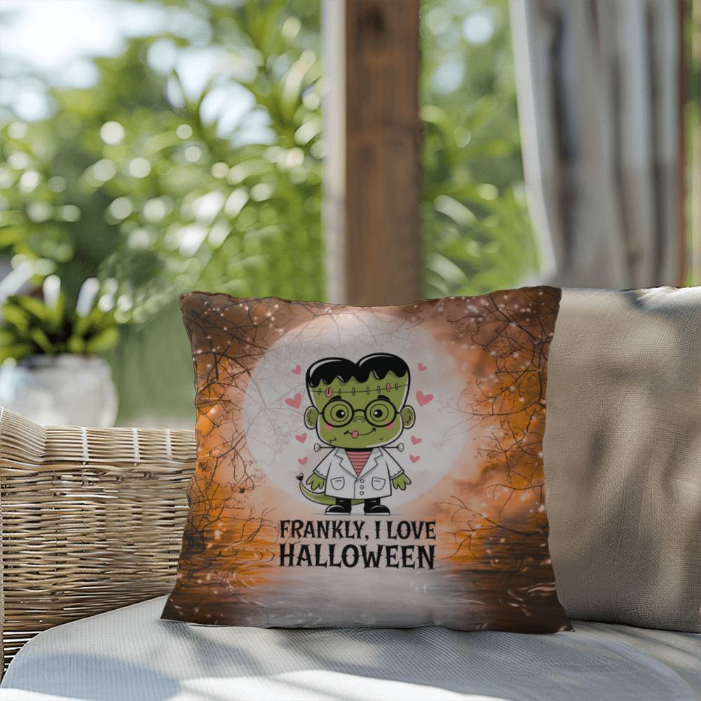 Frankenstein-inspired indoor/outdoor Halloween pillow with “Frankly I Love Halloween”