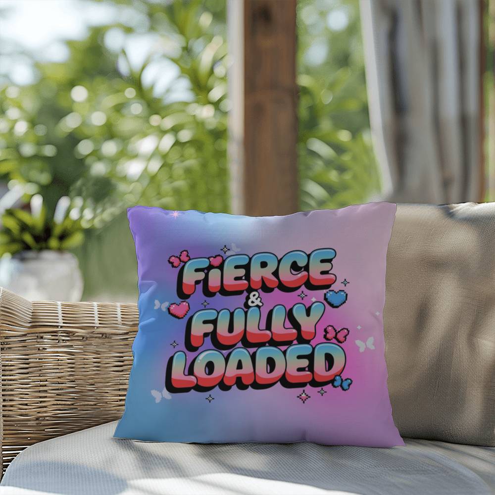 Fierce & Fully Loaded Y2K throw pillow with custom name in bold, futuristic chrome text for empowered self-care vibes