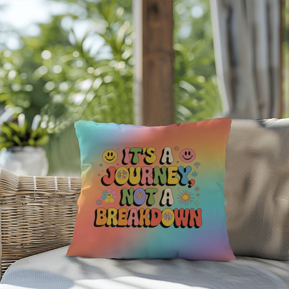 Retro-style pillow with “It’s a Journey, Not a Breakdown” text, customizable with a name, ideal for emotional support and daily reminders