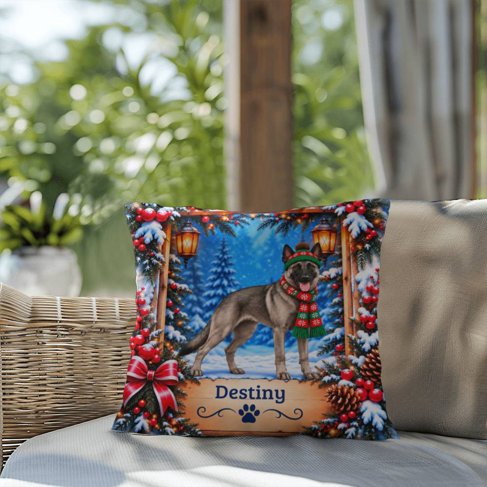 Belgian Malinois (Gray Sable Coat) - Personalized Winter Forest Pillow, Custom Dog Name Gift