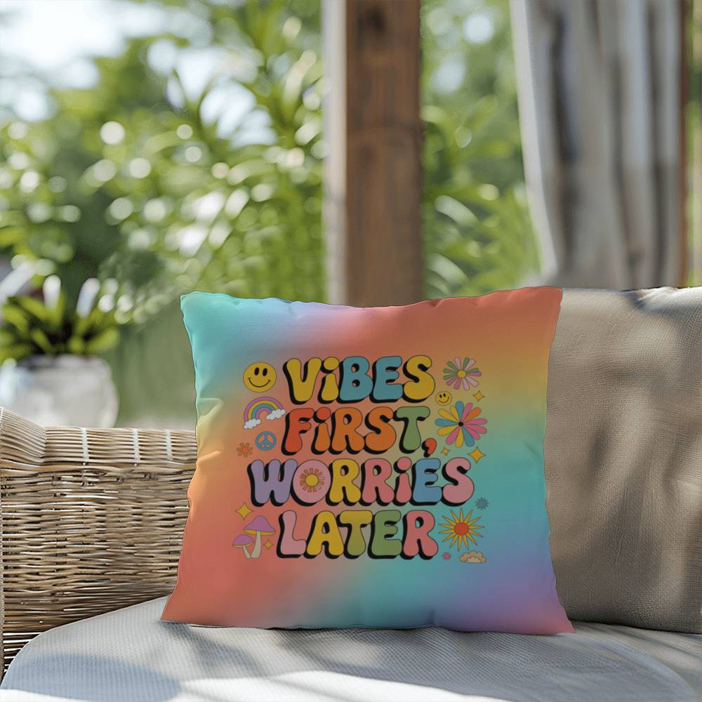 Groovy personalizable pillow with “Vibes First, Worries Later” in upbeat lettering and rainbow tones for peaceful home accents