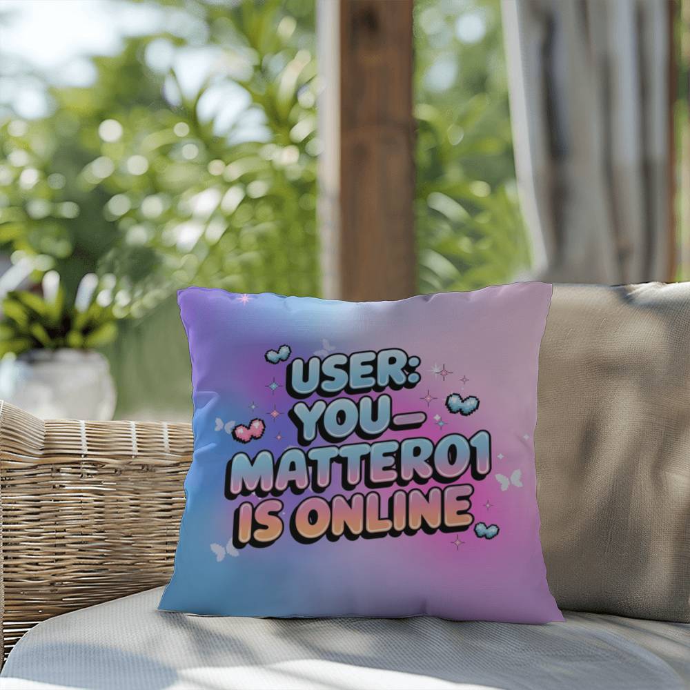 Retro tech pillow reading "User: You_Matter01 is Online" with a customizable username and vibrant Gen Z color scheme